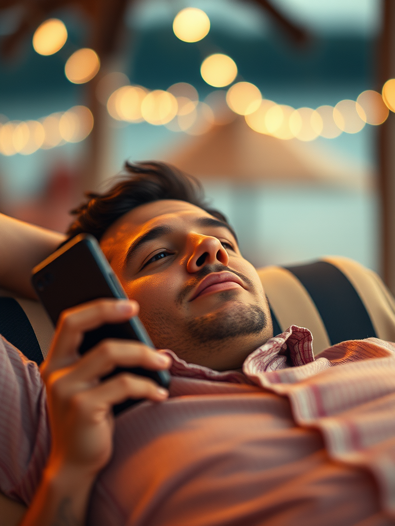 man lying down, holding a phone, in a relaxed setting such as on holiday or in any location around the world, to convey psychiatric support available from anywhere