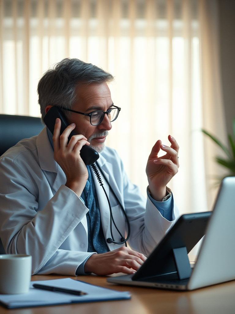 psychiatrist offering help via phone, conveying mental health support, warm and professional atmosphere, concept for 'psychiatrische hilfe'