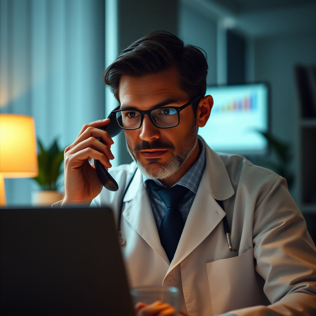 psychiatrist providing help or consultation via phone, with a compassionate and professional mood, suitable for a mental health website